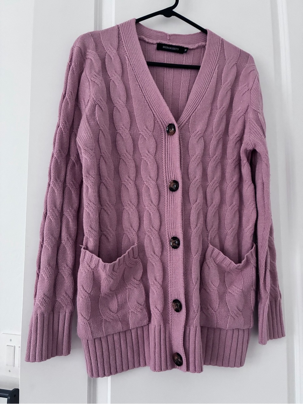 Dusty Rose Cable-Knit Button Cardigan Sweater